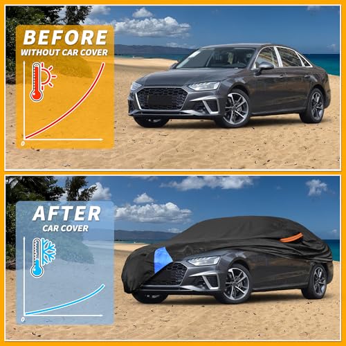 Image of Waterproof All-Weather Universal Car Cover with Right Side Zipper, 210D-PU Black Blue Fits for Sedan 177 inch to 185 inch Length