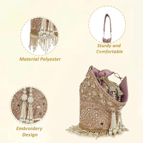 Image of Nevis Silk Fabric Designe Embroidered Potli Bag with Pearl Tassels & Beaded Strap | Bridal Ethnic Drawstring Clutch for Wedding
