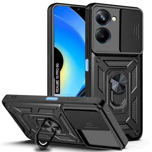 Image of AESTMO Tough Armor Realme 10 Pro 5G Bumper Back Case Cover | Ring Holder & Sliding Camera Shield Cover | 360 Degree Protection Back Case Cover for Realme 10 Pro 5G (Black)
