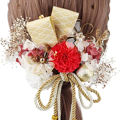 Nounouqi 【15点セット】 金箔 髪飾り ドライフラワー 造花 紐アレンジ ロープアレンジ クリスタルフラワー 和風の花 水波紋ウェビング 結婚式 袴 ドライフラワー プリザーブドフラワー 高級造花 (レッド)