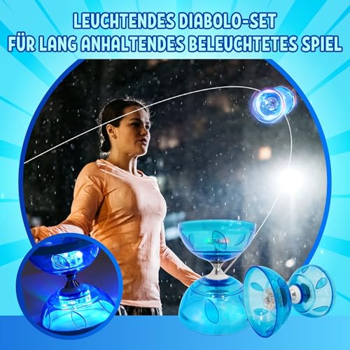 Papi Dada LED Diabolo mit Kugellager - 4,5mm Jonglier Set Leuchtend im Dunkeln | Licht Diabolo für Kinder & Erwachsene, Anfänger & Profis | Freilauf Zirkus Spielzeug für Indoor & Outdoor