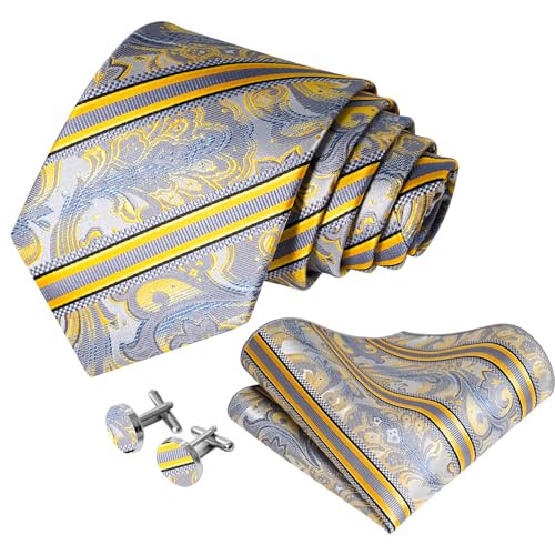 Image of 5PCS Mens Silk Designer Tie, Pocket Square, Cufflinks, Drilled Tie Ring and Lapel Pin Set for Wedding Groom Party