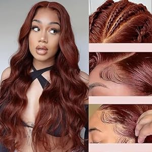 Reddish Brown Lace Front Wigs Human Hair, Auburn Colored Lace Long Curly Wigs, Body Wave Wigs Glueless Wigs Human Hair, HD Lace Frontal Human Hair Wig, Women’s Long Curly Hair 28 Inch