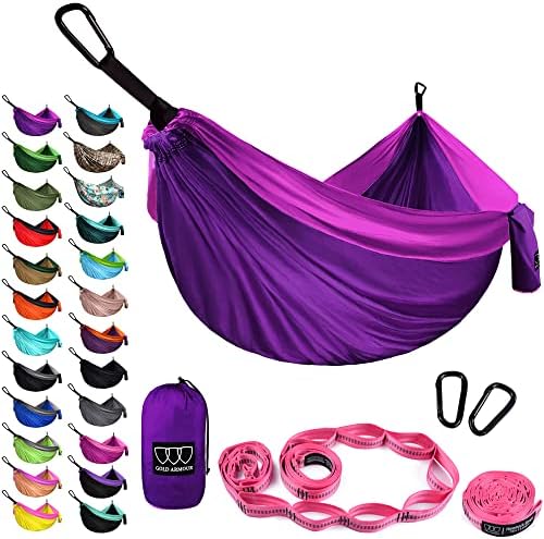 Gold Armour Camping Hammock - XL Double Hammock Portable Hammock Camping Accessories Gear for Outdoor Indoor with Tree Straps, USA Based Brand (Purple and Fuchsia)