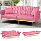 ACMEASE 70” Velvet Futon Sofa Bed with 2 Pillows and Adjustable Armrests, Convertible Sleeper Bed, Modern Loveseat for Living Room, Bedroom, Pink