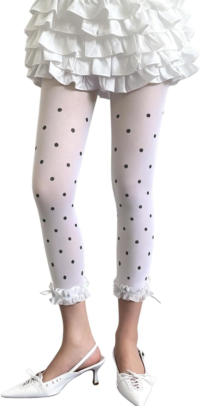 ShawGobow Cute Polka Dot Ruffle Trim Footless Tights Size 0-8