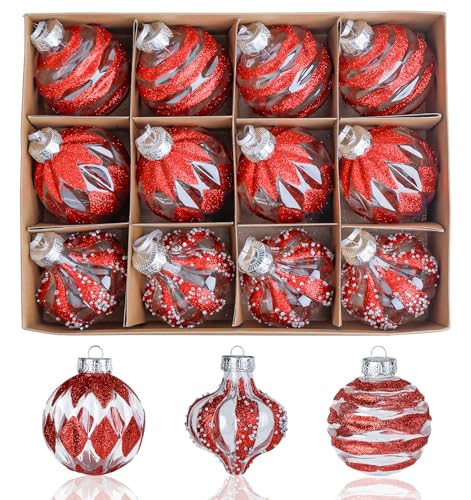 Lot de 16 boules de Noël rouges de 8 cm - 3 designs - Boules de Noël transparentes - Décoration...