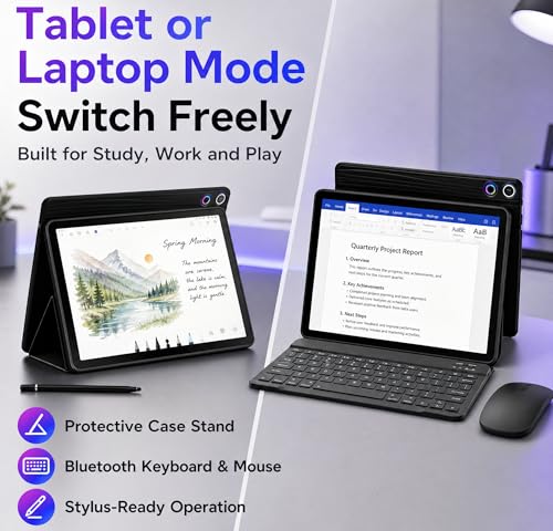 Image of Jeazans Android 16 Tablet 10.1 Inch, 2-in-1 Tablet Bundle with Keyboard, Wireless Mouse, Stylus, Leather Case, Dual Camera, 64GB Storage+1TB Expansion, Portable Laptop for Students & Business