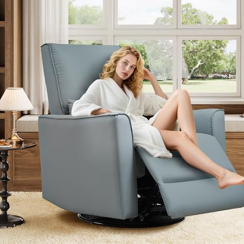 Image of IDEALHOUSE Swivel Rocking Nursery Recliner Chair Rocker Recliner Glider Deep Seat PU Leather Sofa Chair with high Backrest for Nursery, Living Room, Bedroom & Home Movie Theater (Gray)