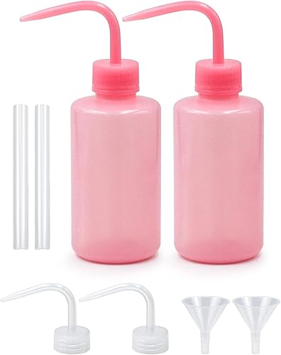 Heylcm 2 botellas de lavado de plástico de 8.5 fl oz con tapa, botella de lavado de tatuaje de boca estrecha rosa de 8.5 onzas, sin derrames,