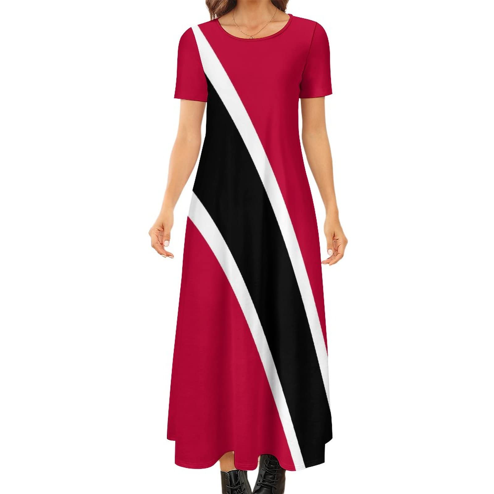 Adugen Origei Trinidad and Tobago Flag Round Neck Short Sleeve Dress Womens Dresses Summer Dress for Women Casual T-Shirt Dress 2XL
