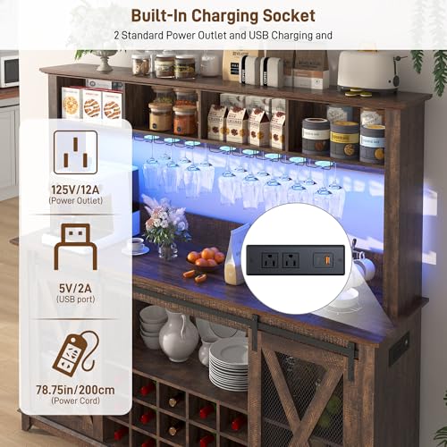 Image of 63 inchWide 58 inchH Farmhouse Coffee Bar Cabinet with Power Outlet and LED Light,Wine Bar Cabinet w / 4 Storage Hutch,Kitchen Buffet Cabinet with 15 Wine and Glass Racks for Kitchen Dining Room(Brown)