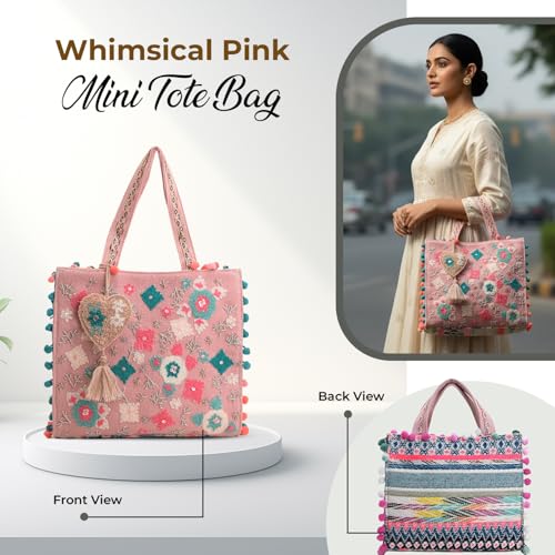 Image of Boho Girl Mini Tote Bag for Women Whimsical Jacquard Handbag with Adjustable Strap Stylish and Elegant Ladies Crossbody Shoulder Purse, Sling Bag Perfect Birthday, Anniversary and Wedding Gift