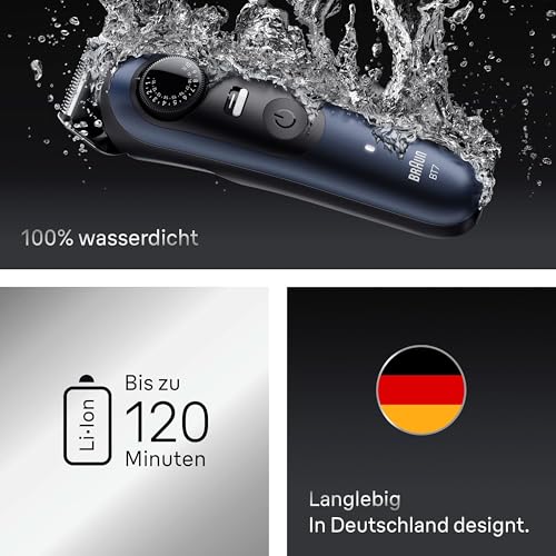 Braun Barttrimmer Series 7, Elektrischer Bartschneider Herren mit 6 Zubehörteile, Ultrascharfe ProBlade Klinge, 120 Min Akkulaufzeit, Kabelloser Bartrasierer, 40 Längen, Wasserdicht, BT7520, Blau