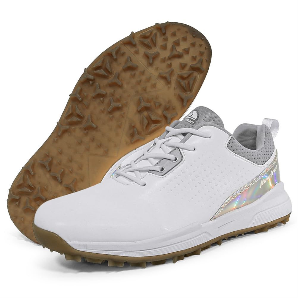 Męskie buty do golfa Spikless Leather Wide Fitting Golf Sneakers Outdoor Large Size Wodoodporne obuwie do chodzenia,White,41 EU