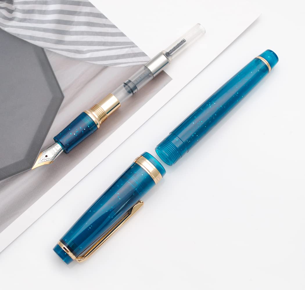 JINHAO 82 Celluloid Fountain Pen Acrylic Ink Pen with Ink Converter (Fine Nib, Gold Clip-Transparent Deep Sea Blue) - Image 4