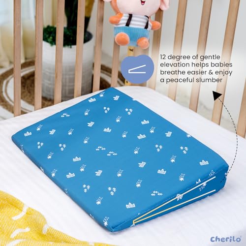 Image of Cherilo Half Size Elevated Wedge Baby Pillows for New Born, Pillow for Kids, Crib & Mattress, Prevents Acid Reflux, Colic, GERD, Heat Burn & Vomiting, 19 inch x 13.5 inch x 3.5 inch, With Cover, Star Design, Blue