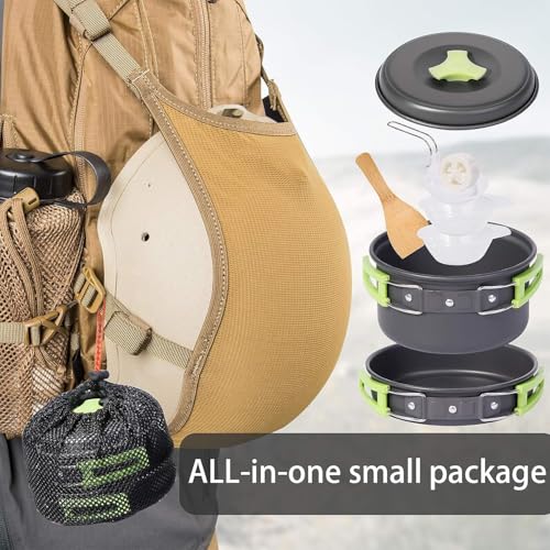 Image of 11-Piece Camping Cookware Mess Kit with Gas Stove, Lightweight Nonstick Pot & Pan Set with Spork, Bowls, Sponge & Travel Bag - Compact Outdoor Cooking Gear for Backpacking, Hiking, Scouts
