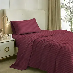 Naksh 210 TC Stripes Single Bedsheet for Single Bed, Wine Sheet | 1 Single Bedsheet Cotton Bed Sheet Single Bed (54x90 Inch) with 1 Pillow Cover