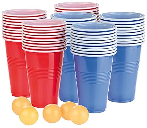 infactory zestaw bierponga: Zestaw do gry w picie Beer Pong, 60 kubków (po 450 ml), w tym po 30 w kolorze czerwonym i niebieskim, 5 piłek (kubek do bierponga, beer pong, piłka)