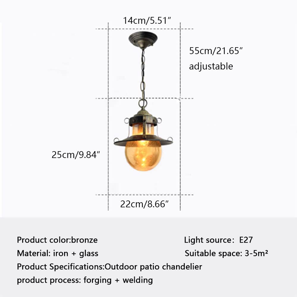 Zewnętrzna lampa wisząca, oprawa ganek z malowanego brązowego metalu z bursztynową szklaną kulą, zewnętrzna wisząca latarnia z uchwytem E27 do altany, wejścia, podwórka