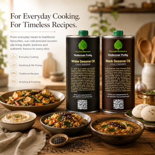 Image of Village-Organica Cold Pressed Black and White Sesame Oil Combo | Black Til OIl & White Til Oil | 1000 ml Each | Unrefined | Tin Cans | Total 1000ml *2