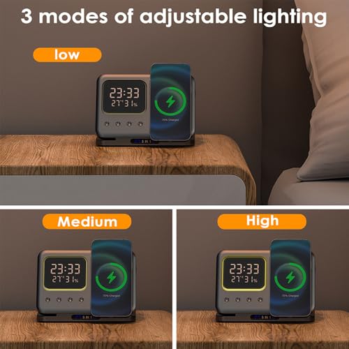 Image of AYI 5in1 Multi Functional Wireless Charging Station with Digital Clock 15W Fast Charge Night Light Temperature Humidity Monitor Wireless Charger for All Qi Phone TWS Headphone and Apple Watch-Black