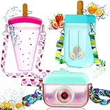 3 Pieces Cute Water Bottles with Straws Creative Kawaii Camera Shaped Ice Cream Bar Watermelon Adjustable Strap Plastic Water Bottle for Travel School Sport Kids (Fresh Style, Purple, Blue, Pink)