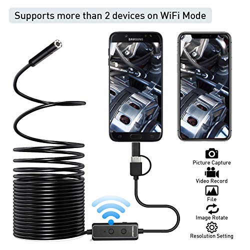 Xpertmatic F160 Usb And Wifi 2.0 Mp Hd Endoscope, 16.4Ft Large Focal Range Borescope Drain Camera For Iphone, Android Phone, Pc, Macbook - 16.4Ft Semi-Rigid With 8 Adjustable Led Lights #TOP5