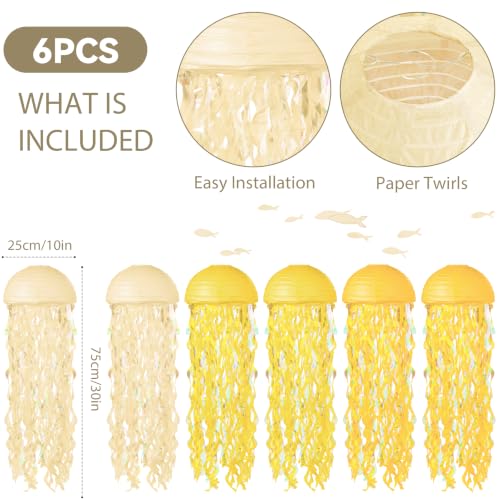 Image of Jellyfish Paper Lanterns 6 Pcs Hanging Ocean Sea Party Decor | Jelly Fish Paper Lanterns for Mermaid Under The Sea, Ocean, Baby Shower and Spongebob Birthday Party Decorations