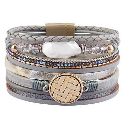 GelConnie Baroque Pearl Leather Wrap Around Bracelet Multi Strand Boho Bracelets Magnetic Cuff Bracelets Bohemian Jewelry for Women, Daughter, Sister LPB309-Grey