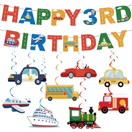 Car 3rd Birthday Decorations Boys - 10 Pcs Transportation Themed Decor Including Happy 3rd Birthday Banner Train Plane Fire Truck Hanging Swirls for 3 Year Old Boys Party Supplies