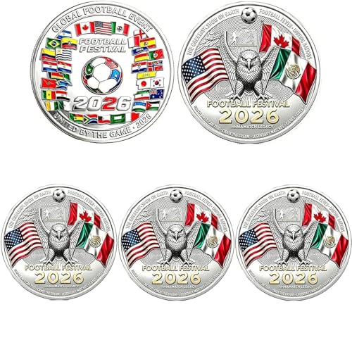 Moneda Conmemorativa de la Copa Mundial de Fútbol 2026, Recuerdo Coleccionable con Banderas Multinacionales Bañado en Plata, para Aficionados de la Copa Mundial (A3Pcs)