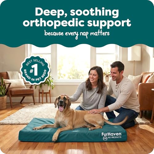 Image of FurHaven Water-Resistant Orthopedic Dog Bed for Large Dogs, Oxford Polycanvas Mattress, Solid Orthopedic Foam Slab for Joint Support, Removable Washable Cover, Jumbo Plus /XXL, Deep Lagoon