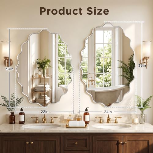 Image of Silver Oval Wall Mirror, 22 inch x 30 inch Wavy Bathroom Mirror for Wall with Brushed Alloy Steel Frame&Shatter-Proof Glass, Hanging Decorative Wall Mirrors for Bathroom Sink, Bedroom, Entryway