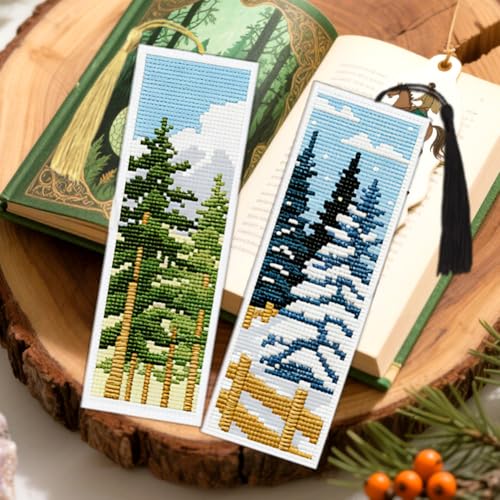 Image of ACRNIGHEET 6PCS Cross Stitch Bookmark Kit for Beginner Pine Stamped Cross Stitch Kits Needlepoint Kit for Adults DIY Tassel Embroidery Bookmark Kits with Instructions Craft Gift 8.5 inchx3 inch 11CT