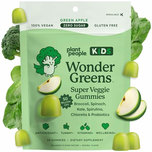 WonderGreens Kids Super Veggie Gummies - Sugar-Free Greens Gummies for Kids - Allergen-Free Multivitamin for Picky Eaters with Probiotics Tummy & Immune Support Green Apple Flavor (30 Count)