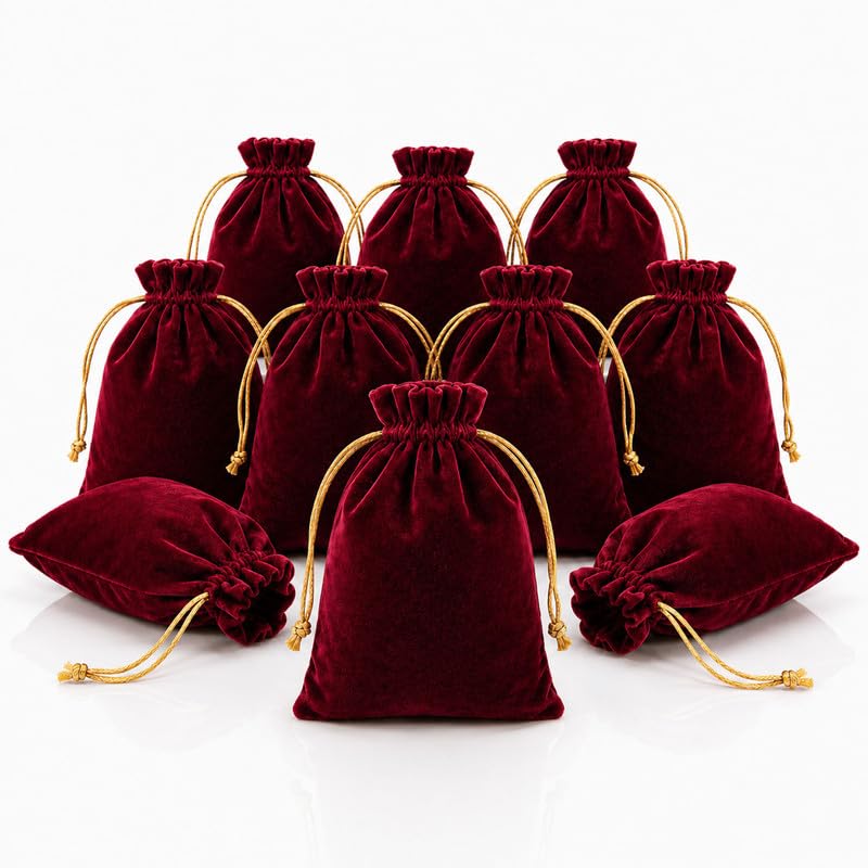 Set of 10 pcs Medium Velvet potli Bags for Return Gifts for ladies Women | 7x9 inch Drawstring pouches for Wedding gift, Maroon Shagun Pouch Goody Bags, Batwa Bag Wallet Potli for Gifting by Dulhan-image-9