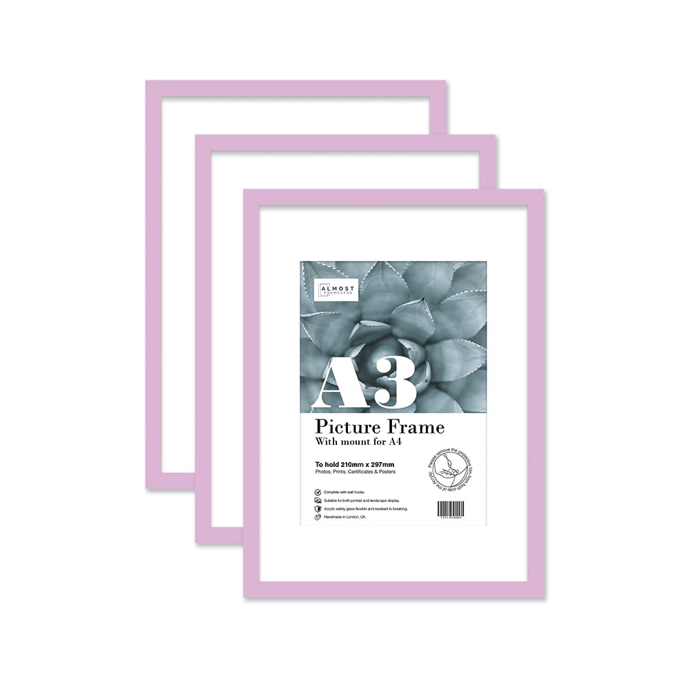Almost Frameless A3 Lilac Picture Frame Set of 3, Display A4 Pictures with Mount or A5 Without Mount Gallery Wall, Poster, Photo, Artwork, or Print, Lilac