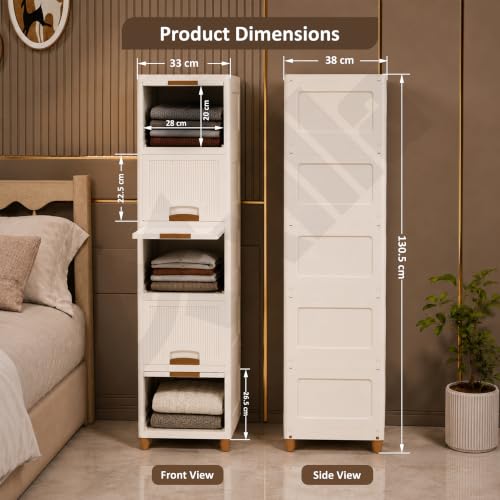 Image of 5 Tier Wardrobe Organizer | Foldable Organizer for Clothes | Stackable Cabinet & Almirah for Living Room | Kid Wardrobe for Cloth&Toys | Versatile Plastic Cupboard For Storage Organizer (Ivory)