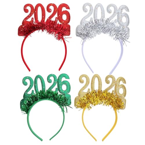 TOYANDONA Diademas de Año 2026 Purpurina Brillante 4 Piezas en Colores Rojo Verde Amarillo y Plata Accesorios Festivos para Nochevieja y Fiestas Ideales para Celebraciones y Fotomatón