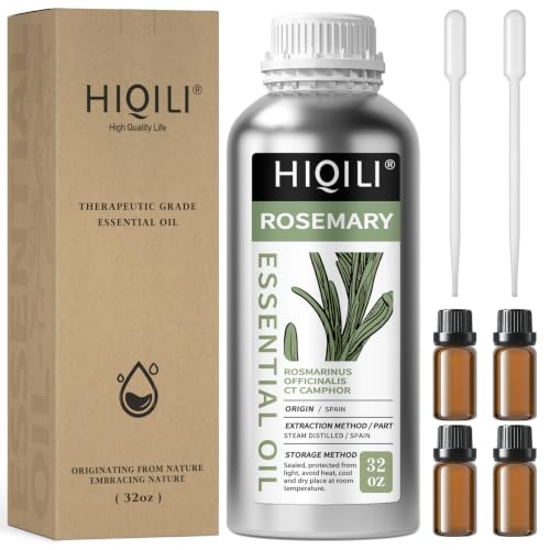 Image of HIQILI Rosemary Oil for Hair Care, Diffuser & DIY | Extra-Large with Four Travel Vials for DIY Shampoos, Conditioners, Massage, Fresh Scent -1000ml / 32 fl oz