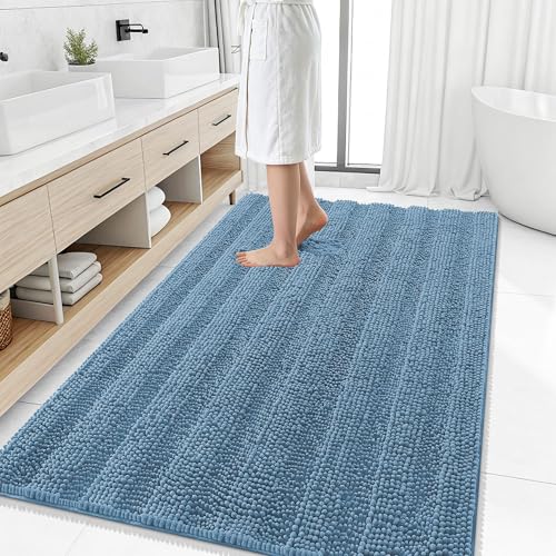 Image of Smiry Thick Chenille Large Bathroom Rugs 59x35, Extra Soft Absorbent Striped Bath Mat, Machine Washable, Rubber Backing, Bath Rugs for Bathroom, Tub & Shower, Home Decor Accessories, Airy Blue