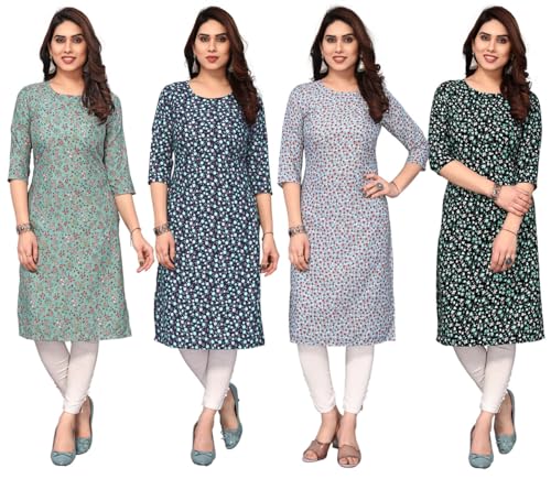 Image of JAKHANA Women's Crepe Printed Casual Straight Calf Length Round Nick Kurta Pack of 4