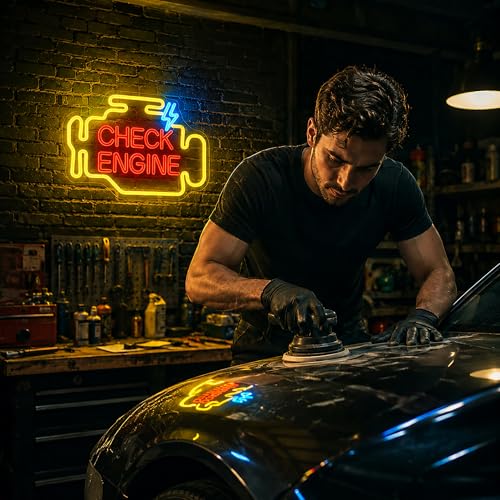 Image of Check Engine Neon Sign, JGHTURIE Man Cave Neon Signs for Wall Decor Garage Car Room Yellow Light Up Sign Auto Repair Workshop Led Signs USB Powered