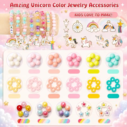 Image of curve creation Bracelet Making Kit for Girls Jewellery Making Kit with Clay Beads Letter Beads Unicorn & Rainbow Charms Crystal Beads Elastic String & Scissors Friendship Bracelet Craft Kit for Kids