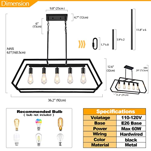 Farmhouse Dining Room Light Fixtures, Modern Black 5 Light Rustic Kitchen Island Lighting Chandeliers Ceiling Light Fixture （Bulbs Not Included） #TOP4