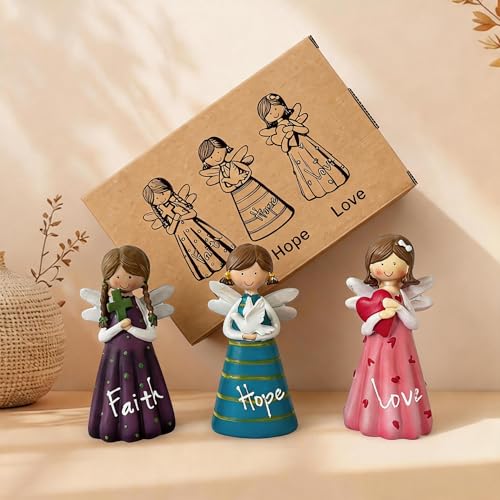 LEOKED Angel Figurines Set of 3 Hope Faith Love Collection Gifts for Women 4.7 Resin Hand-Painted Decorative Angels with Wings Suitable for Indoor Decor