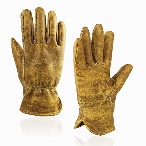 OLSON DEEPAK Rindsleder Arbeitshandschuhe groß geöltes Leder Gartenhandschuhe Sicherheits-Arbeitshandschuhe für Camping/Schweißen/Fahren/BBQ/Bushcraft Retro Motorrad Lederhandschuhe