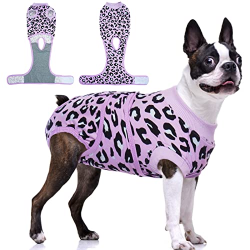 Image of FUAMEY Recovery Suit for Dogs After Surgery,Soft Breathable Dog Bodysuit E-Collar & Cone Alternative Surgical Suit,Male Female Dog Neuter Spay Suits Anti Licking Wounds Onesie Purple Leopard L